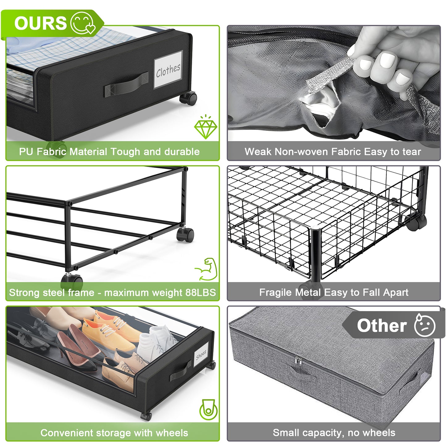 Beborxue Under Bed Storage with Wheels, 1 Pack Under Bed Storage Containers with Clear Lids, XXL 60L Under the bed storage Organizer Bins, Rolling Under Bed Metal Drawer for Clothes,Shoes,Toys (Black)