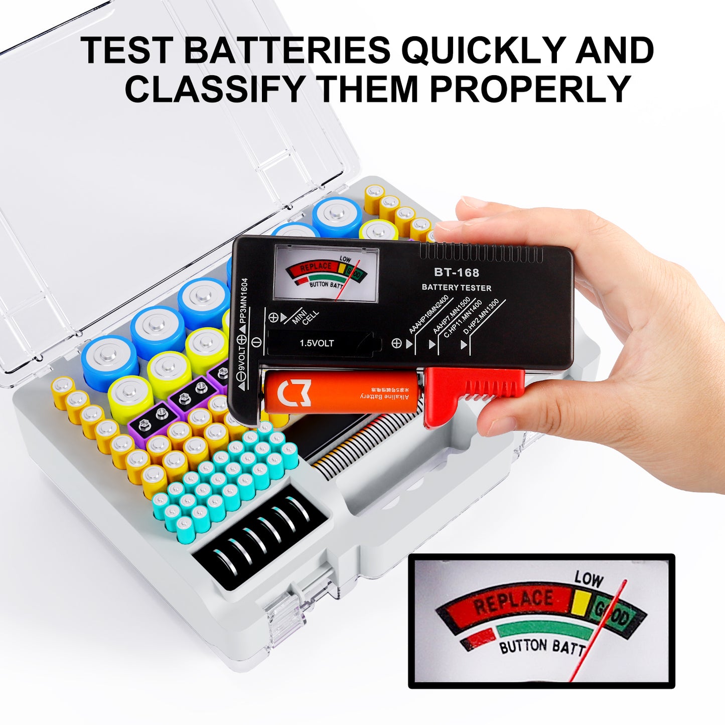 Tututry Battery Organizer Storage Holder Box Case with Tester, Ultra-Large 262+ Batteries Container with Double-Sided, Holds AA AAA 4A 23A C D Cell 9V 3V Lithium 4LR44 CR3 CR123A 18650 - Gray