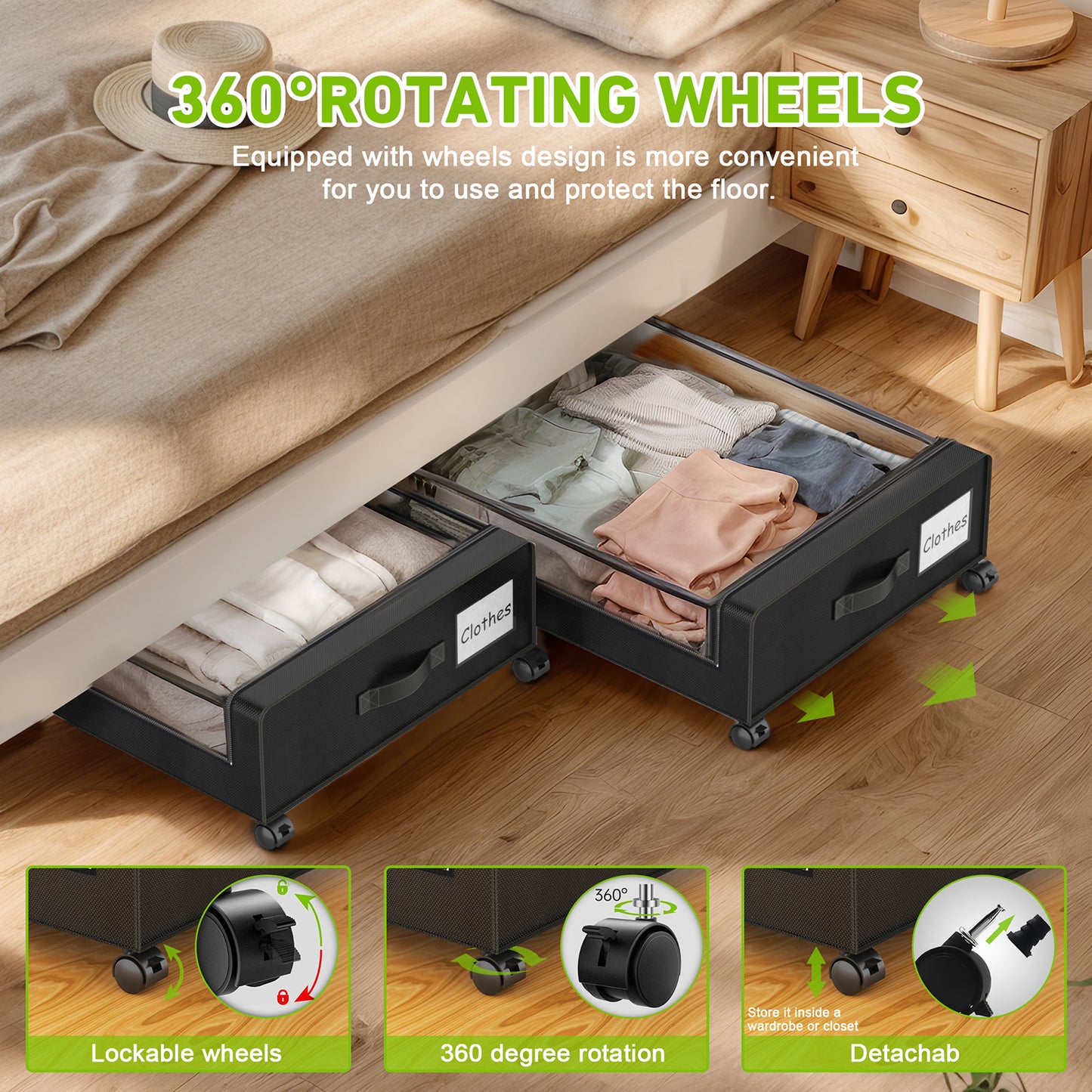 Beborxue Under Bed Storage with Wheels, 1 Pack Under Bed Storage Containers with Clear Lids, XXL 60L Under the bed storage Organizer Bins, Rolling Under Bed Metal Drawer for Clothes,Shoes,Toys (Black)