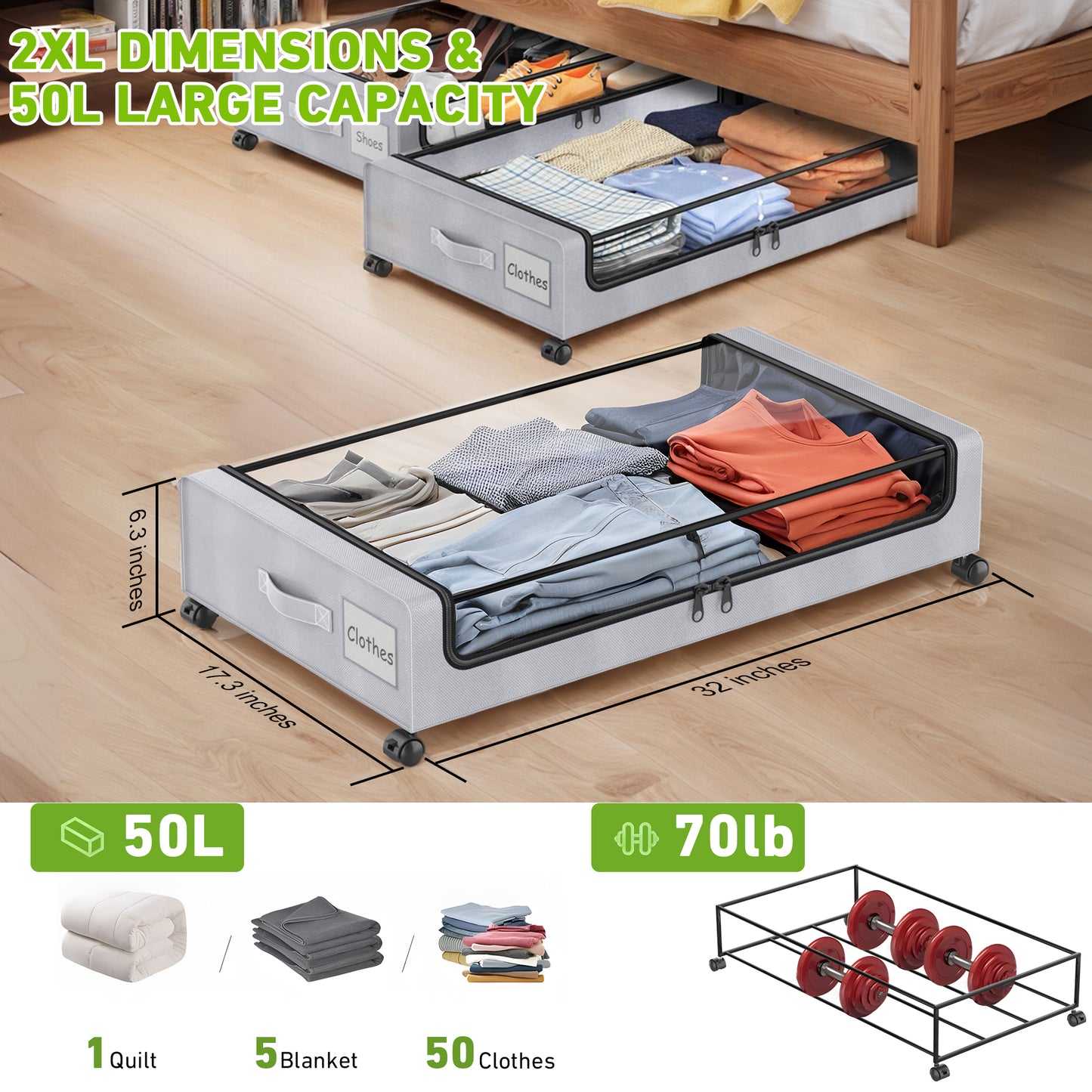 Beborxue Under Bed Storage with Wheels, 1 Pack Under Bed Storage Containers with Clear Lids, XXL 60L Under the bed storage Organizer Bins, Rolling Under Bed Metal Drawer for Clothes,Shoes,Toys (Gray)