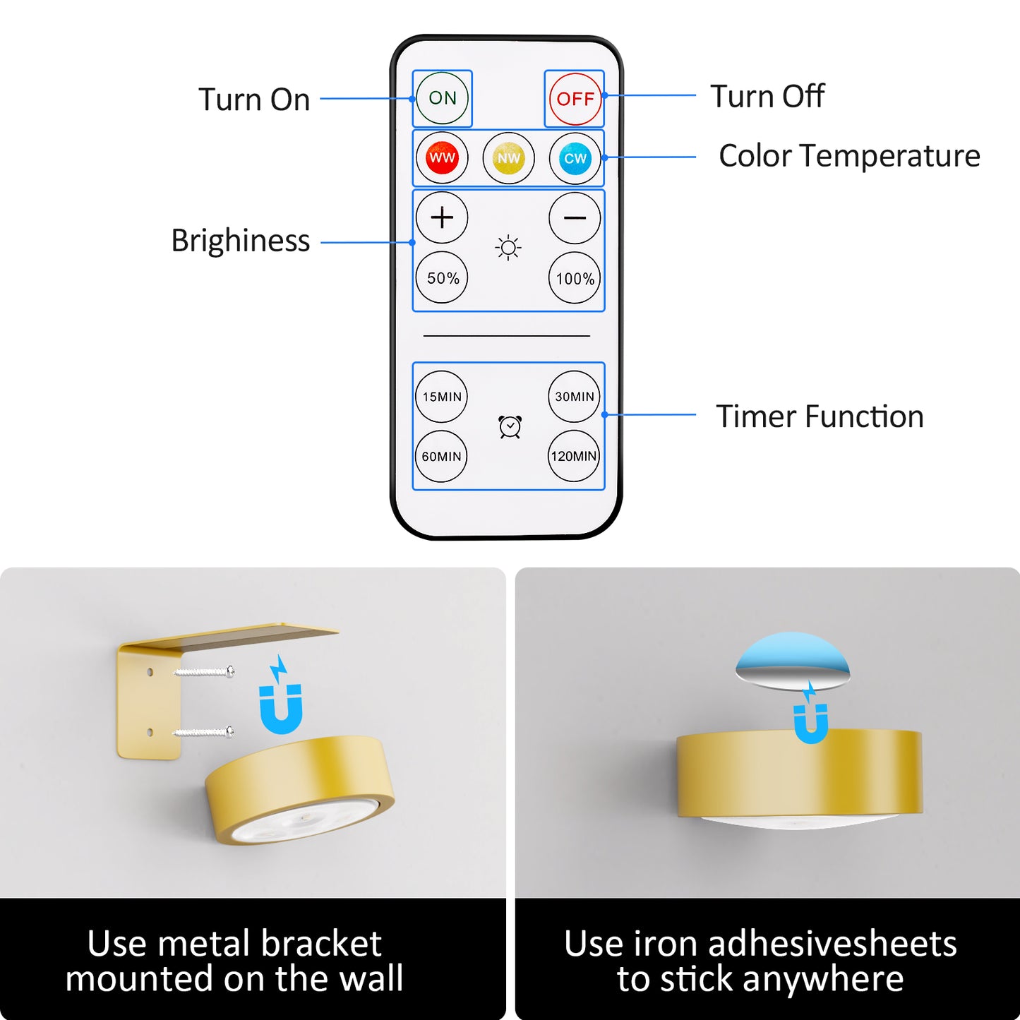 Tututry Picture Lights for Wall, Painting Frame Lights with 3 Lighting Modes, Rechargeable Battery Operated Wall Lights, Magnetic Led Painting Lights with Remote Dimmable and Timer (Golden, 3Pack)