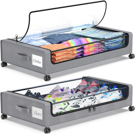 Beborxue Under Bed Storage with Wheels, 2-Pack Under Bed Storage Containers with Clear Lids, XXL 60L Under the bed storage Organizer Bins, Rolling Under Bed Metal Drawer for Clothes,Shoes,Toys (Gray)