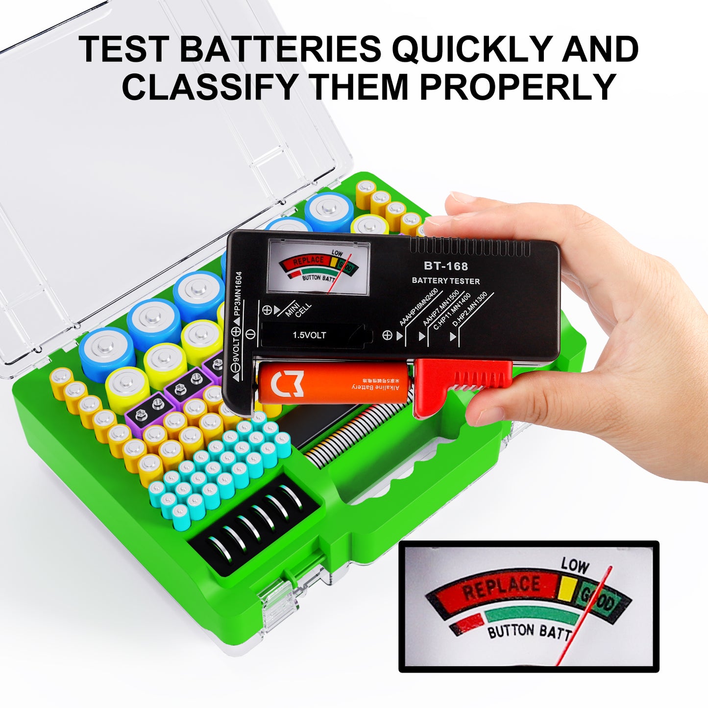 Tututry Battery Organizer Storage Holder Box Case with Tester, Ultra-Large 262+ Batteries Container with Double-Sided, Holds AA AAA 4A 23A C D Cell 9V 3V Lithium 4LR44 CR3 CR123A 18650 - Green