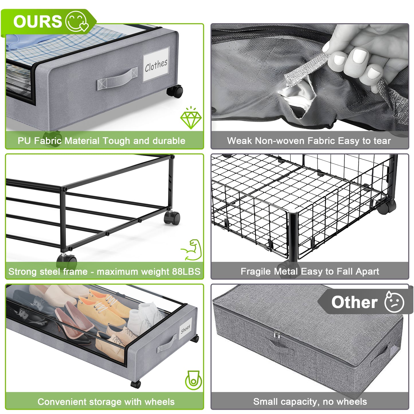 Beborxue Under Bed Storage with Wheels, 1 Pack Under Bed Storage Containers with Clear Lids, XXL 60L Under the bed storage Organizer Bins, Rolling Under Bed Metal Drawer for Clothes,Shoes,Toys (Gray)