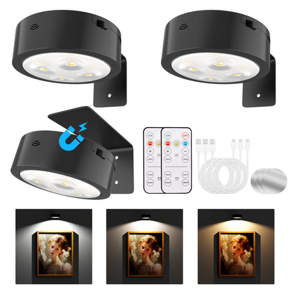 Tututry Picture Lights for Wall, Painting Frame Lights with 3 Lighting Modes, Rechargeable Battery Operated Wall Lights, Magnetic Led Painting Lights with Remote Dimmable and Timer (Black, 3Pack)
