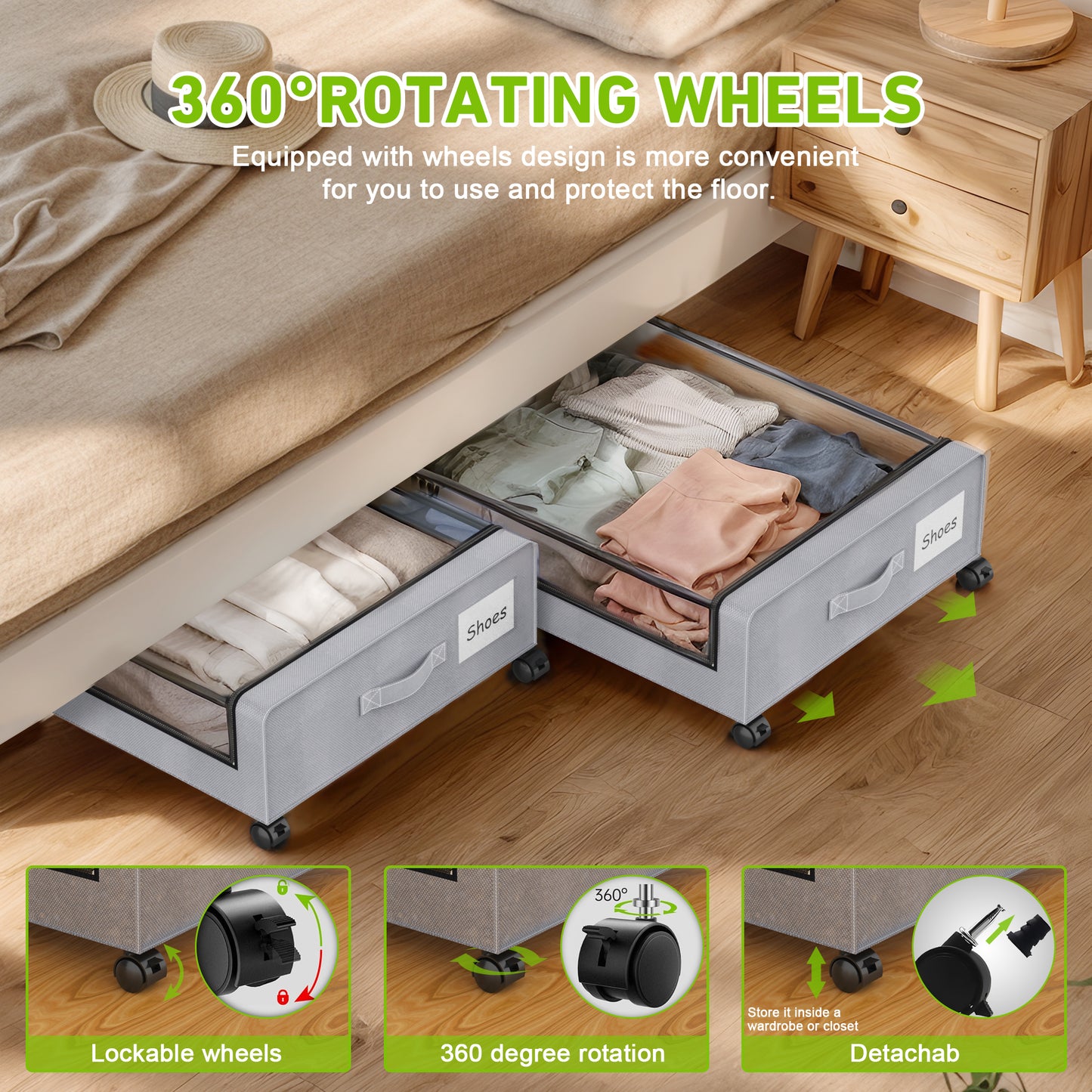 Beborxue Under Bed Storage with Wheels, 1 Pack Under Bed Storage Containers with Clear Lids, XXL 60L Under the bed storage Organizer Bins, Rolling Under Bed Metal Drawer for Clothes,Shoes,Toys (Gray)