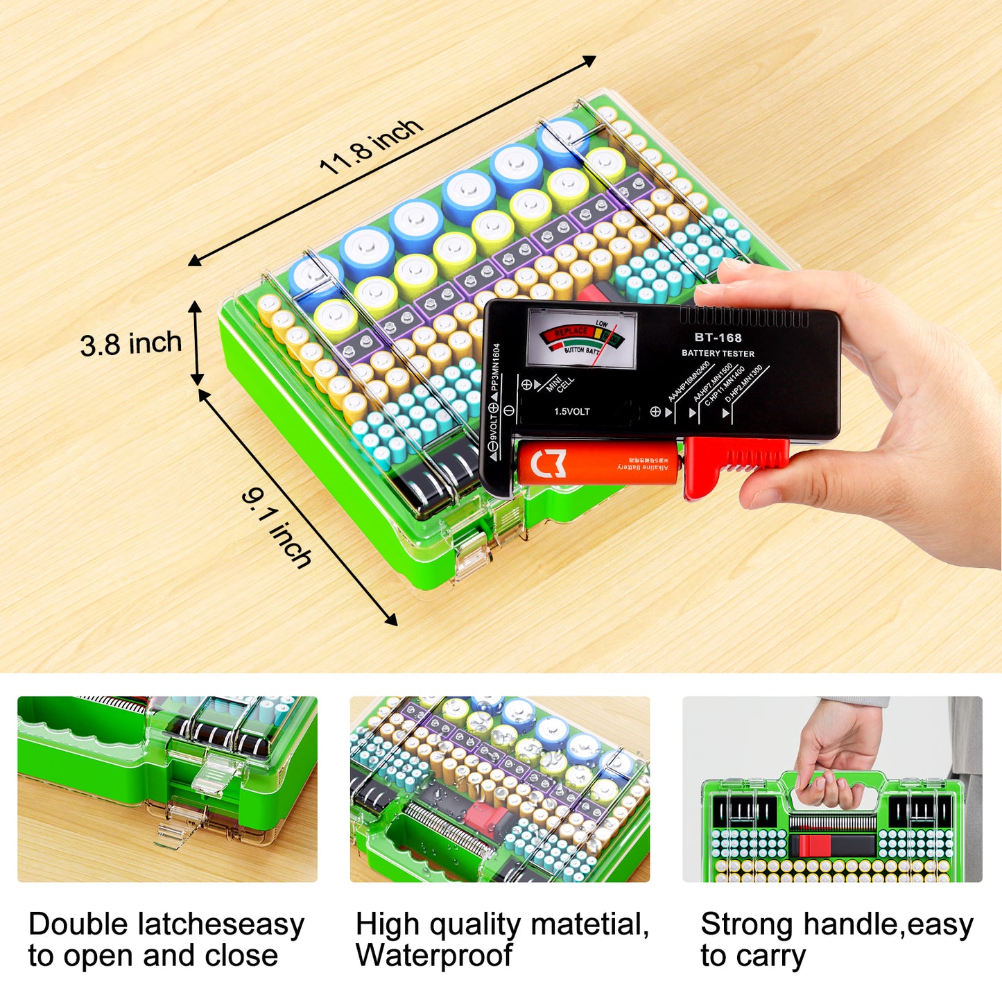 Tututry Battery Organizer Storage Holder Box Case with Tester, Ultra-Large 262+ Batteries Container with Double-Sided, Holds AA AAA 4A 23A C D Cell 9V 3V Lithium 4LR44 CR3 CR123A 18650 - Green