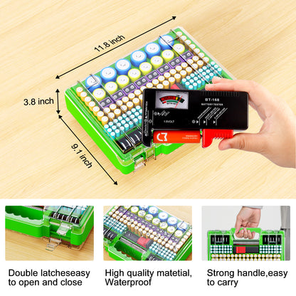Tututry Battery Organizer Storage Holder Box Case with Tester, Ultra-Large 262+ Batteries Container with Double-Sided, Holds AA AAA 4A 23A C D Cell 9V 3V Lithium 4LR44 CR3 CR123A 18650 - Green