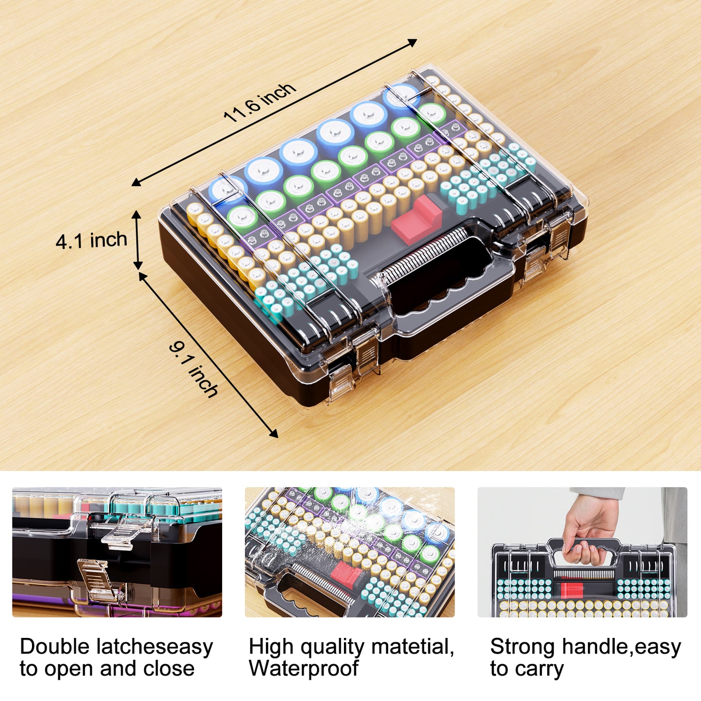 Tututry Battery Organizer Storage Holder Box Case with Tester, Ultra-Large 262+ Batteries Container with Double-Sided, Holds AA AAA 4A 23A C D Cell 9V 3V Lithium 4LR44 CR3 CR123A 18650 (Black)