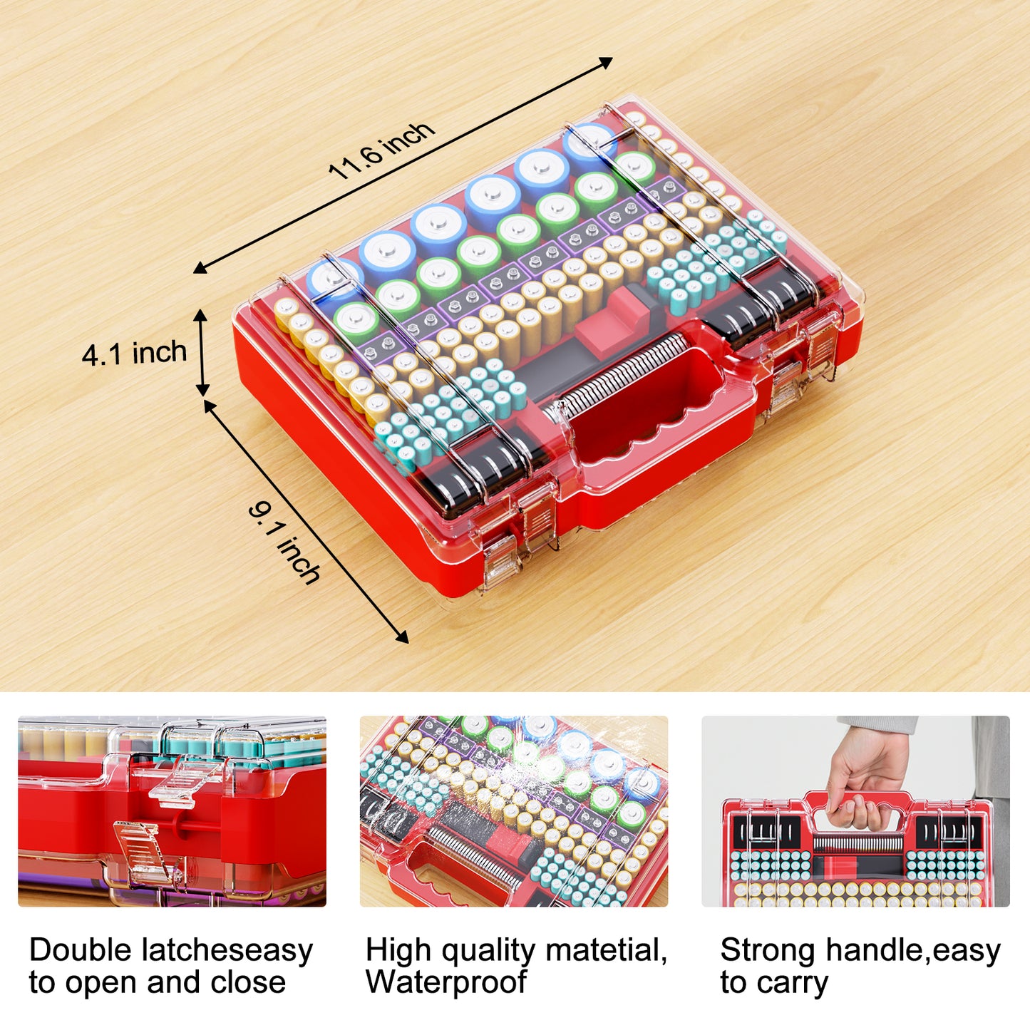 Tututry Battery Organizer Storage Holder Box Case with Tester, Ultra-Large 262+ Batteries Container with Double-Sided, Holds AA AAA 4A 23A C D Cell 9V 3V Lithium 4LR44 CR3 CR123A 18650 (Red)