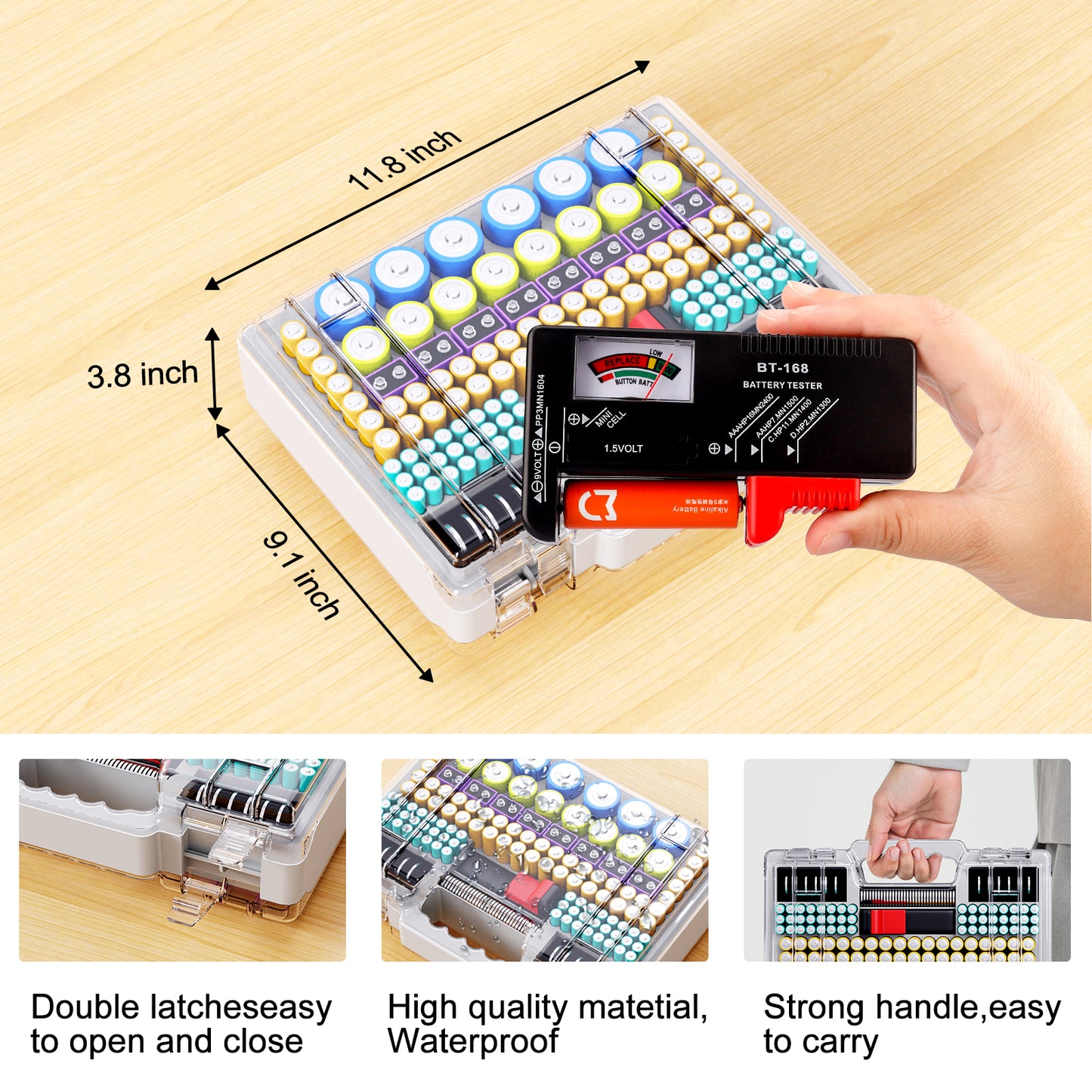 Tututry Battery Organizer Storage Holder Box Case with Tester, Ultra-Large 262+ Batteries Container with Double-Sided, Holds AA AAA 4A 23A C D Cell 9V 3V Lithium 4LR44 CR3 CR123A 18650 - Gray