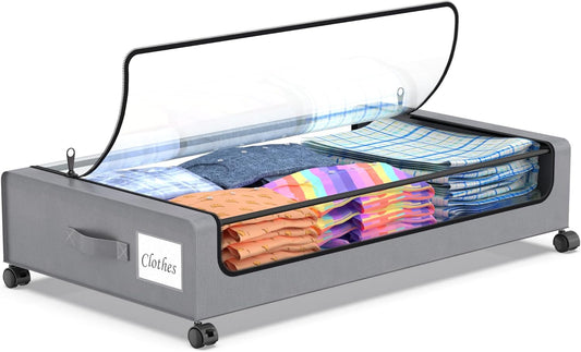 Beborxue Under Bed Storage with Wheels, 1 Pack Under Bed Storage Containers with Clear Lids, XXL 60L Under the bed storage Organizer Bins, Rolling Under Bed Metal Drawer for Clothes,Shoes,Toys (Gray)