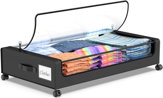 Beborxue Under Bed Storage with Wheels, 1 Pack Under Bed Storage Containers with Clear Lids, XXL 60L Under the bed storage Organizer Bins, Rolling Under Bed Metal Drawer for Clothes,Shoes,Toys (Black)