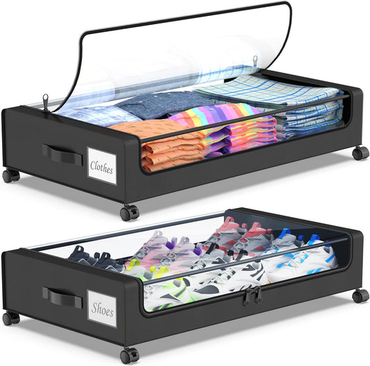 Beborxue Under Bed Storage with Wheels, 2-Pack Under Bed Storage Containers with Clear Lids, XXL 60L Under the bed storage Organizer Bins, Rolling Under Bed Metal Drawer for Clothes,Shoes,Toys (Black)